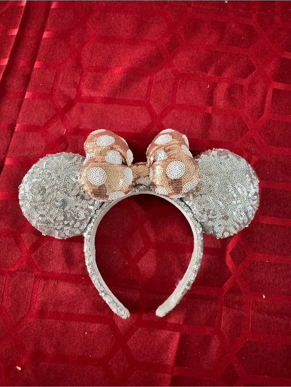 Sequin Minnie Mouse Ear Headband with Rose Gold Polka Dot Bow - Accessories